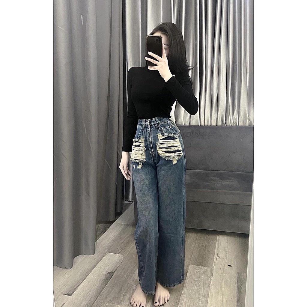 Quần Jeans Nữ Ống Rộng Cào Rách 2 Bên Túi, Quần Bò Ống Rộng Lưng Cao Siêu Phá Cách 2 Màu Xanh Đậm Và Nhạt 310