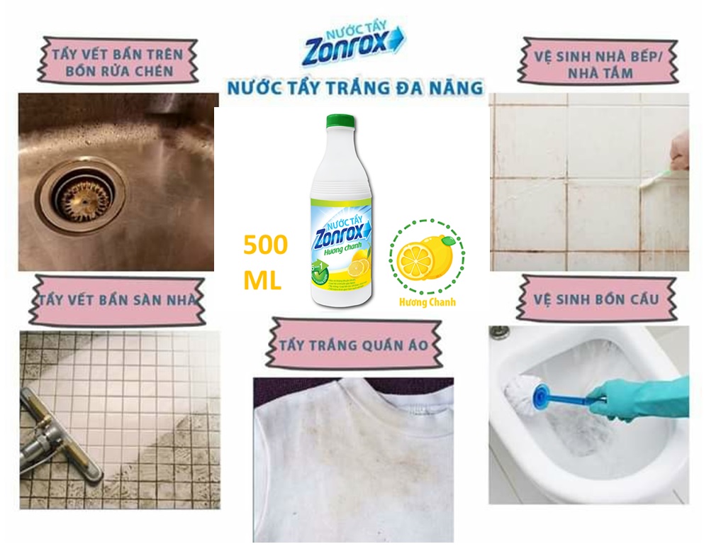 Combo 5 chai Nước tẩy trắng đa năng 6 in 1 - Zonrox Javel 500ml