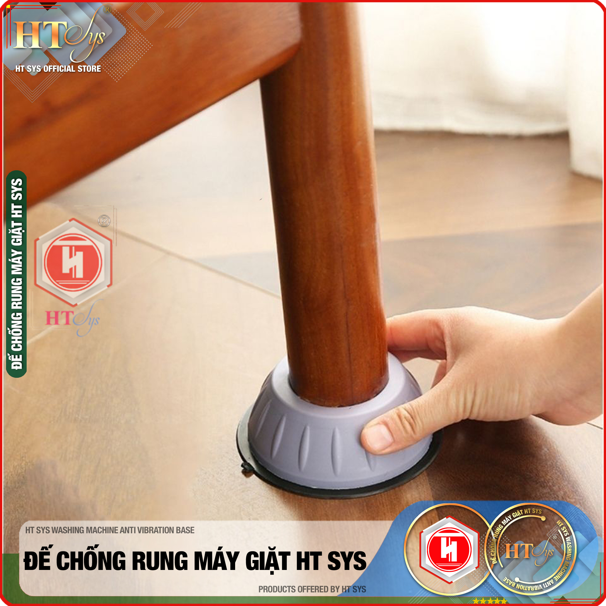 Combo 04 đế cao su chống rung máy giặt - HT SYS - Đế chống rung máy giặt - Đế chống ồn máy giặt, máy sấy,tủ lạnh, bàn ghế +01 Sét 3 móc dính dán tường vàng tài lộc HT SYS