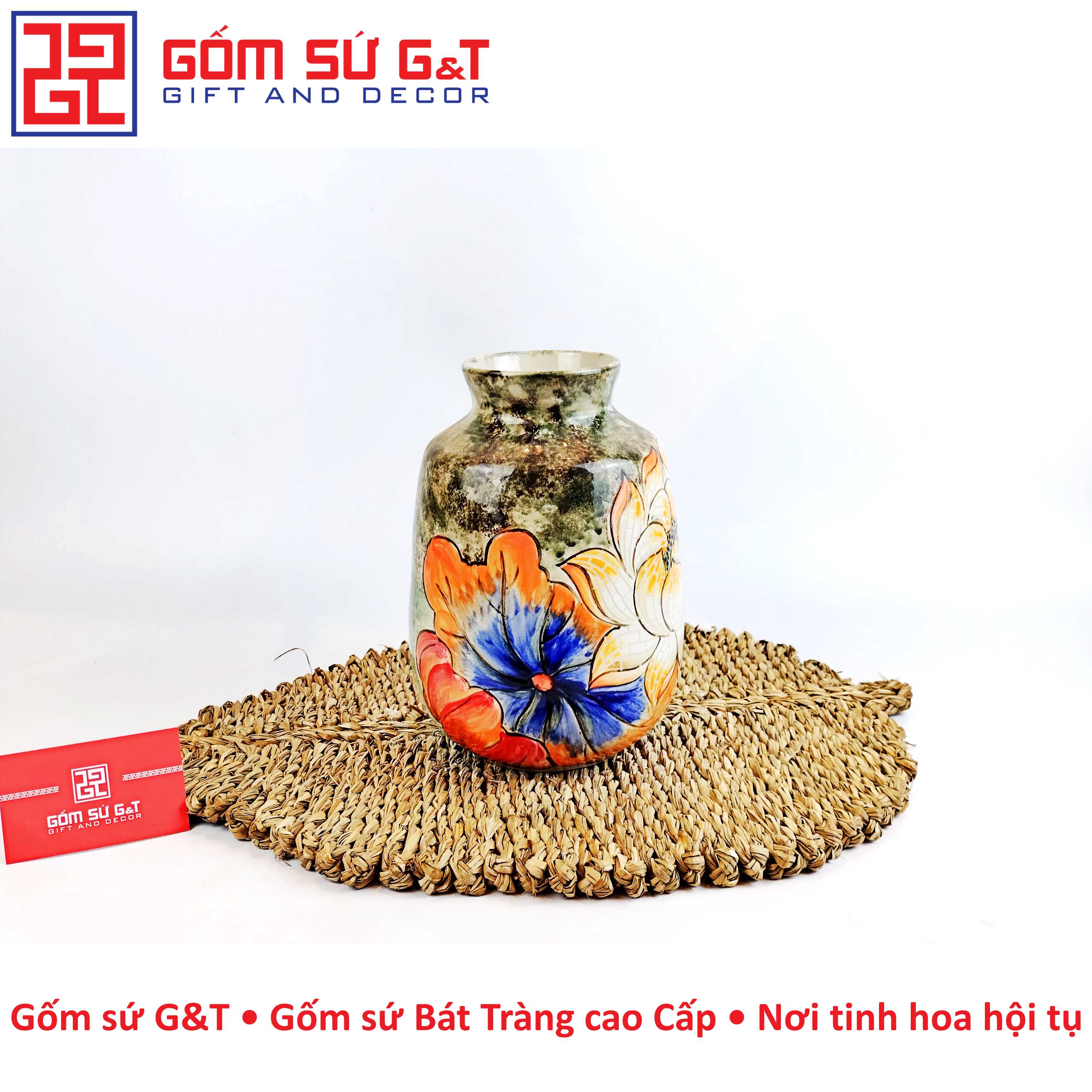 Lọ hoa vai vuông vẽ sen Gốm Sứ G&amp;T