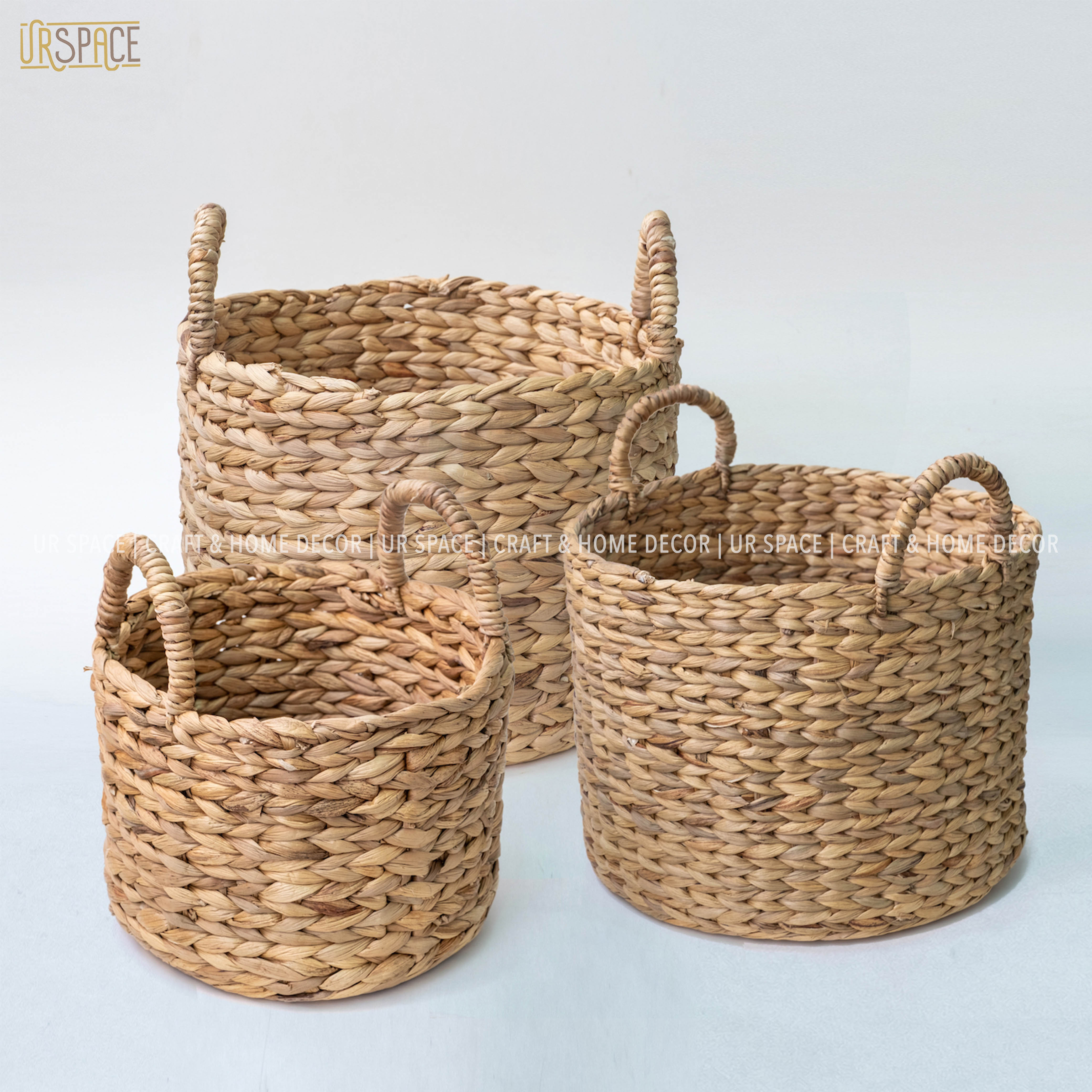 Giỏ lục bình trồng cây, đựng đồ có vải lót URSPACE hình tròn có quai cầm / ROUND HYACINTH STORAGE BASKET