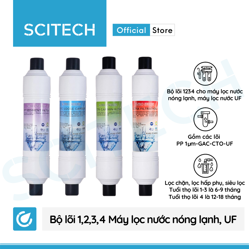 Bộ lõi số 1,2,3,4 K-Pro Series by Scitech (Lõi PP-GAC-CTO-UF) dùng cho máy lọc nước nóng lạnh, máy lọc nước UF - Hàng chính hãng