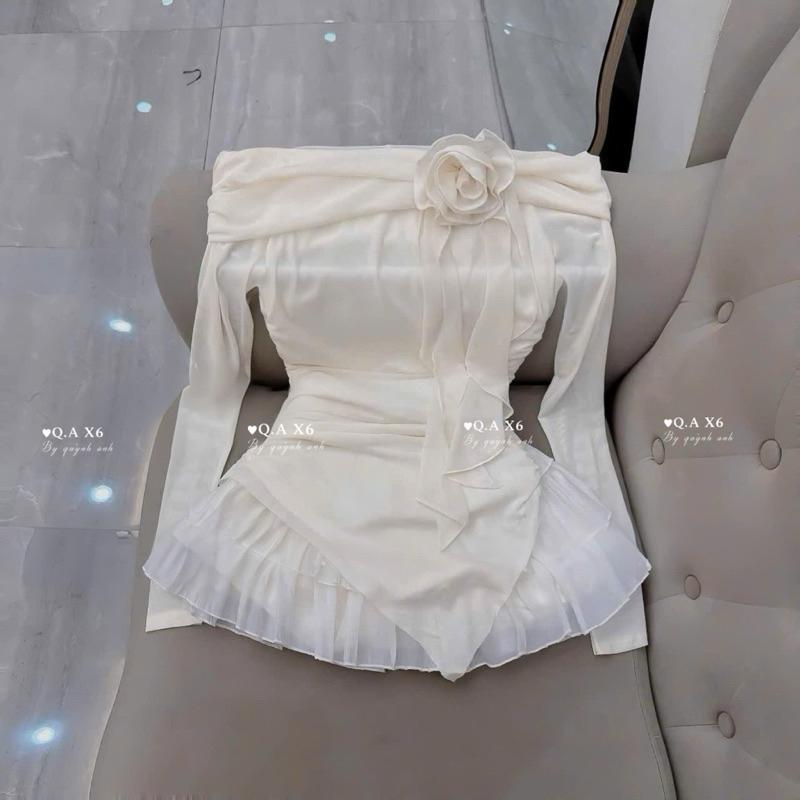 Set tiểu thư áo lưới nhúng trễ vai tà nhọn đính hoa kèm chân váy tơ tầng nhẹ nhàng hách dáng cho các nàng BY JOLIE - Hồng, Hồng
