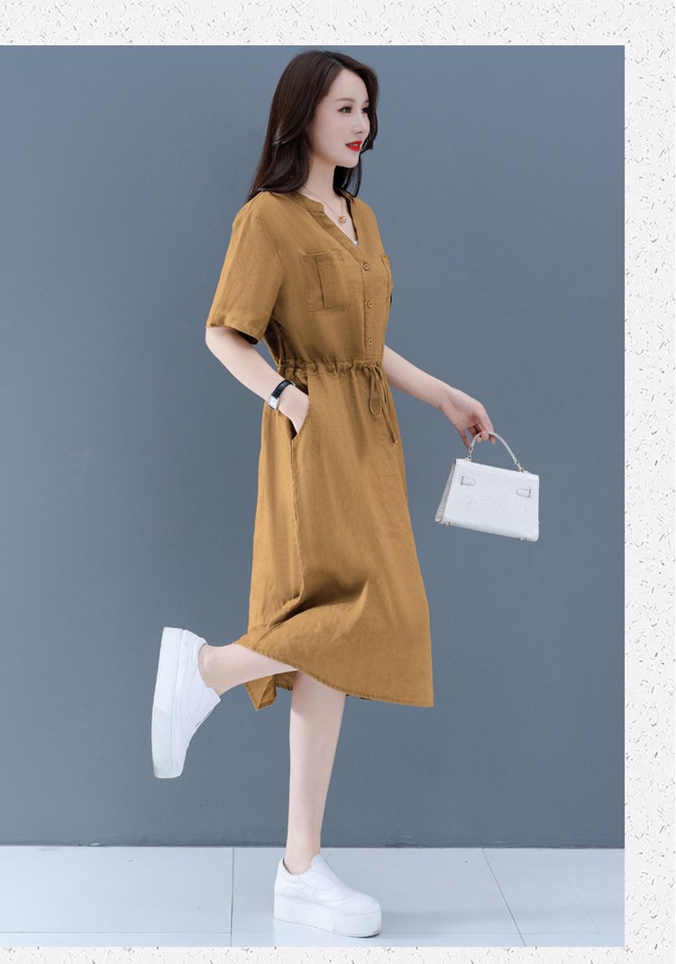 Đầm suông linen cổ V phong cách công sở, thiết kế 2 túi trước thời trang, lên form chuẩn CS72