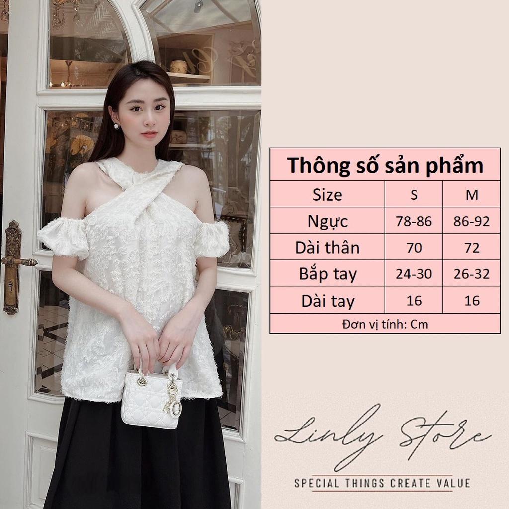 Áo trễ vai tay bồng chất tơ hoa Áo kiểu nữ cổ yếm xoắn A-CY4