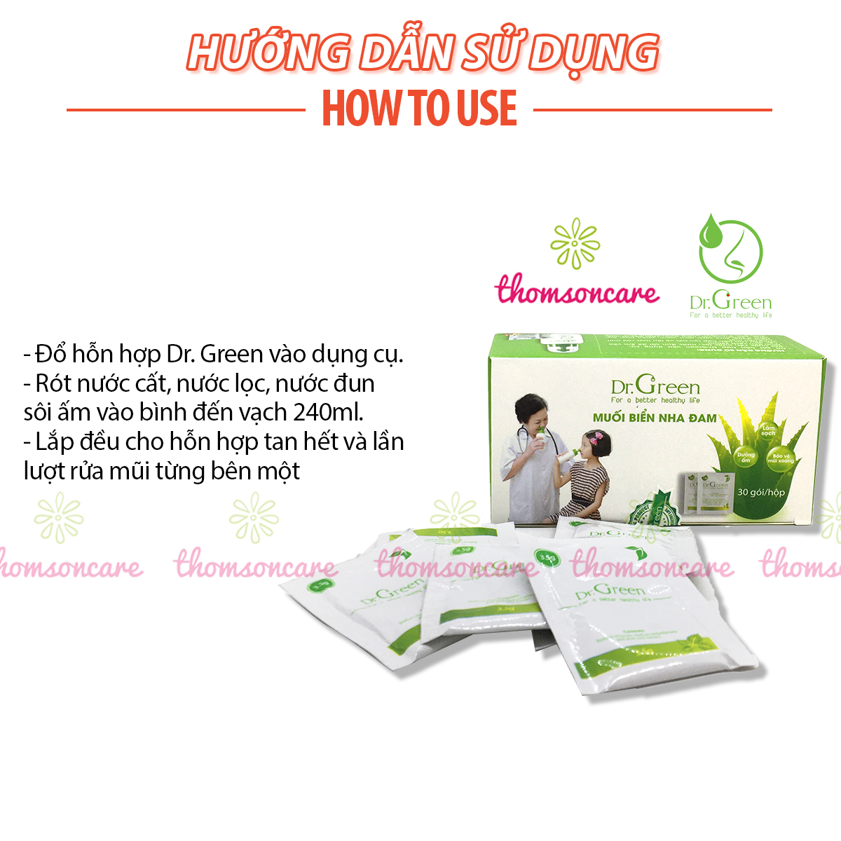 Muối Rửa Mũi Dr Green - Có thêm nha đam (Lô hội) - Làm sạch bụi bẩn, vi khuẩn, giảm ngạt mũi, viêm xoang, giúp dễ thở hơn