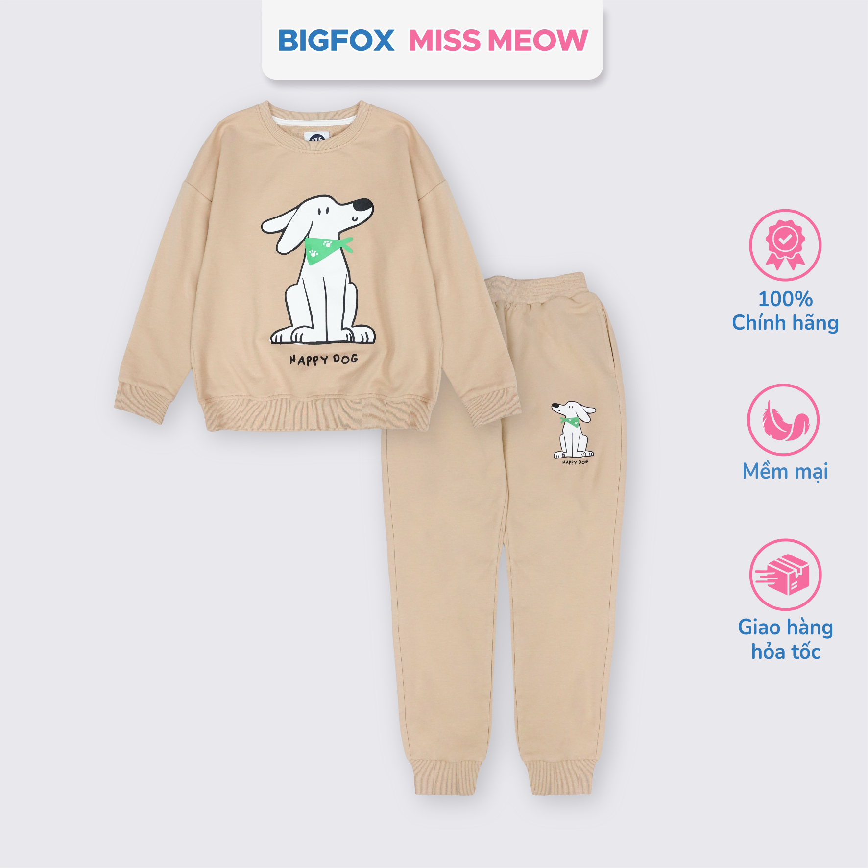 Bộ đồ dài tay cho bé trai size đại Bigfox Miss Meow mùa thu đông mặc nhà vải nỉ dày dặn cỡ 3-11 tuổi