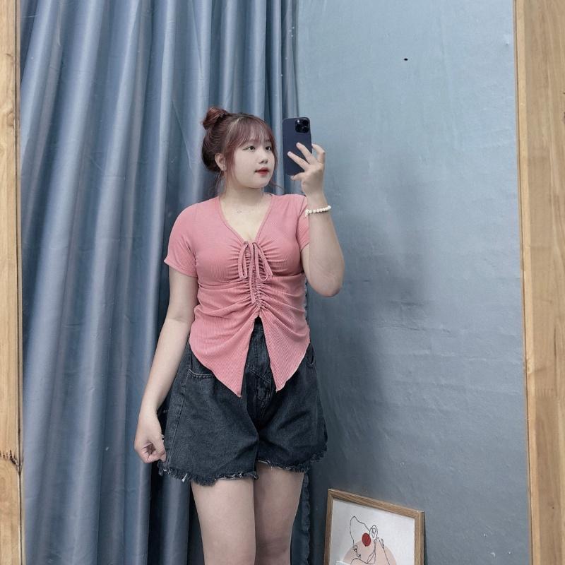 Áo thun croptop bigsize nữ tà nhọn cổ rút dây ở giữa tôn vòng một, Áo phông phom rộng chất gân tăm BIGSIZE CÔ NHỎ - G42