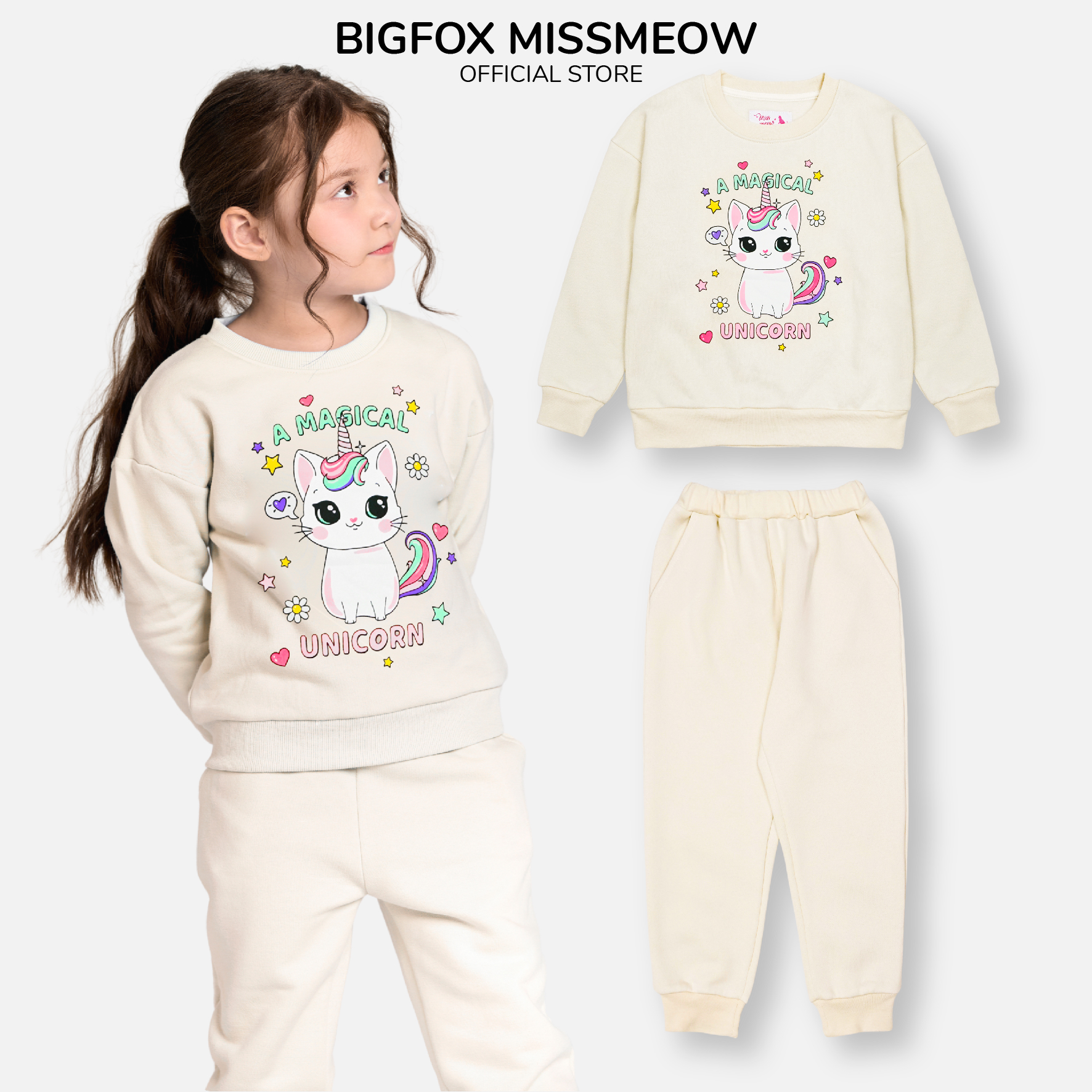 Bộ nỉ bé gái Bigfox Miss Meow size đại, bộ thu đông nỉ bông cho bé gái in mèo A MAGICAL size trẻ em 3,4,5…11 tuổi