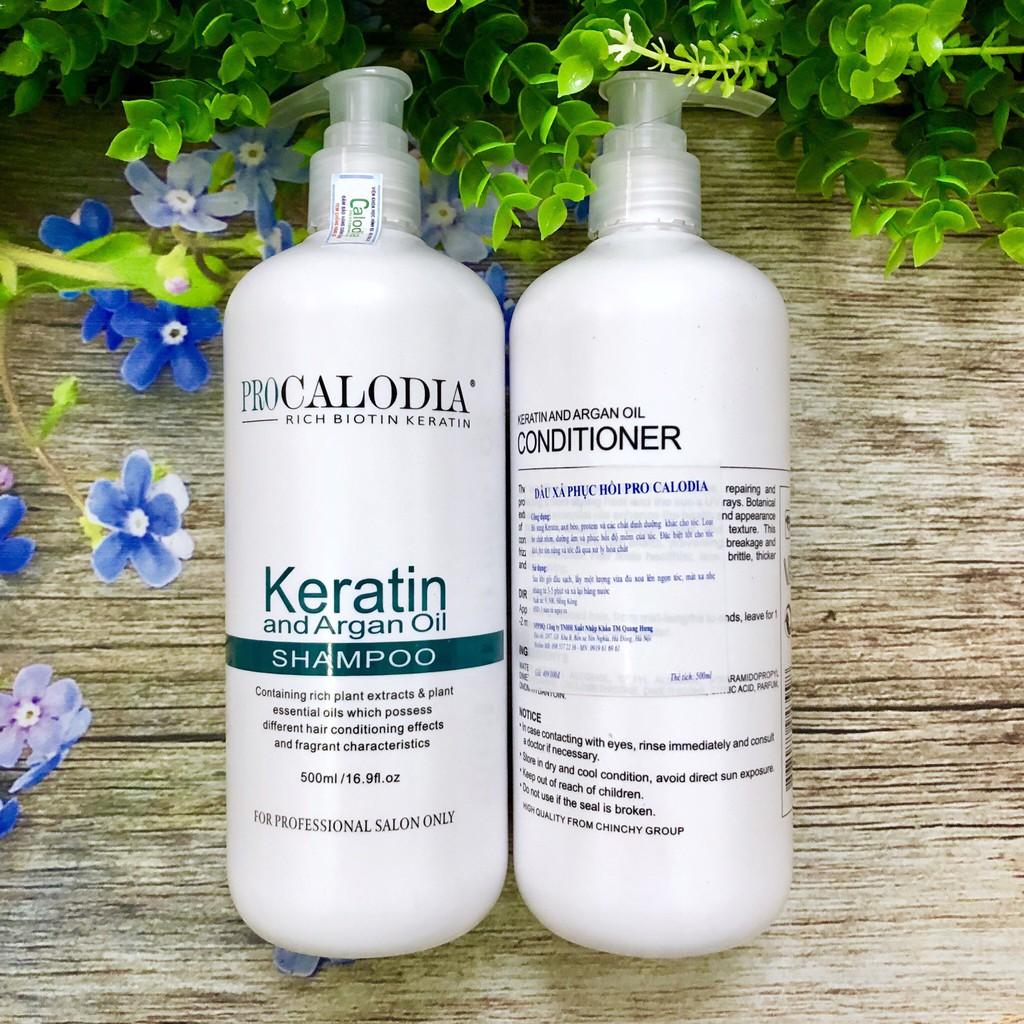 Bộ dầu Gội xả hấp ủ dưỡng Keratin Pro Calodia siêu mượt phục hồi tóc hư tổn + Gội xả gói Karseell 15ml