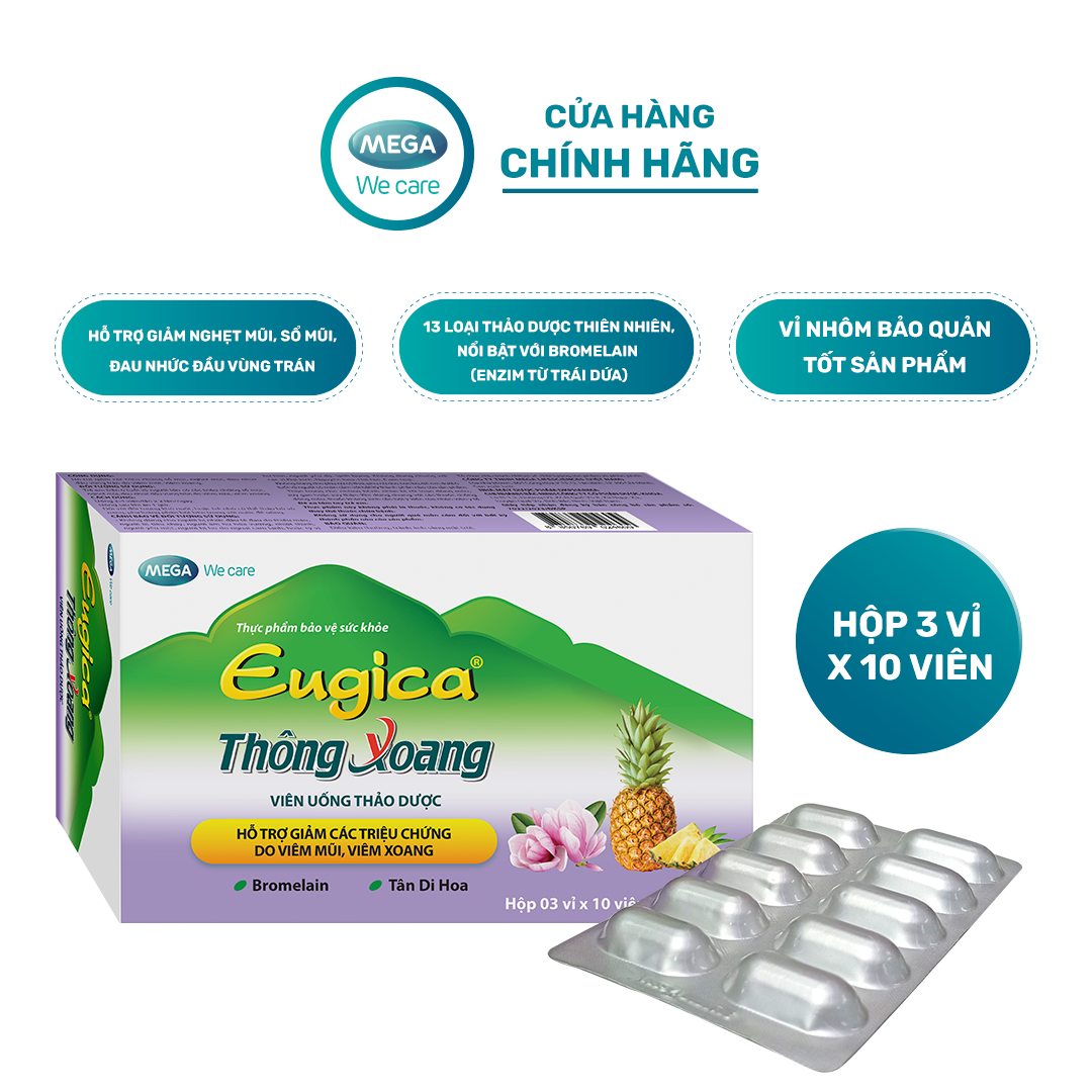 Viên uống thảo dược hỗ trợ giảm các triệu chứng do viêm mũi, viêm xoang EUGICA THÔNG XOANG (Hộp 3 vỉ x 10 viên)