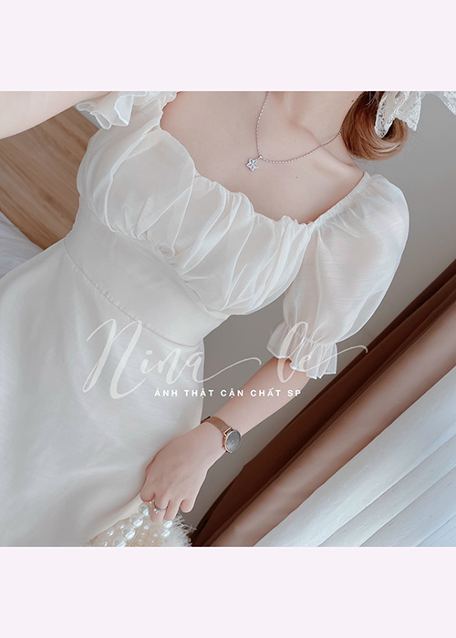 Đầm Voan Chinhfon Tay Phồng Xếp Ly Ngực Xinh Xắn