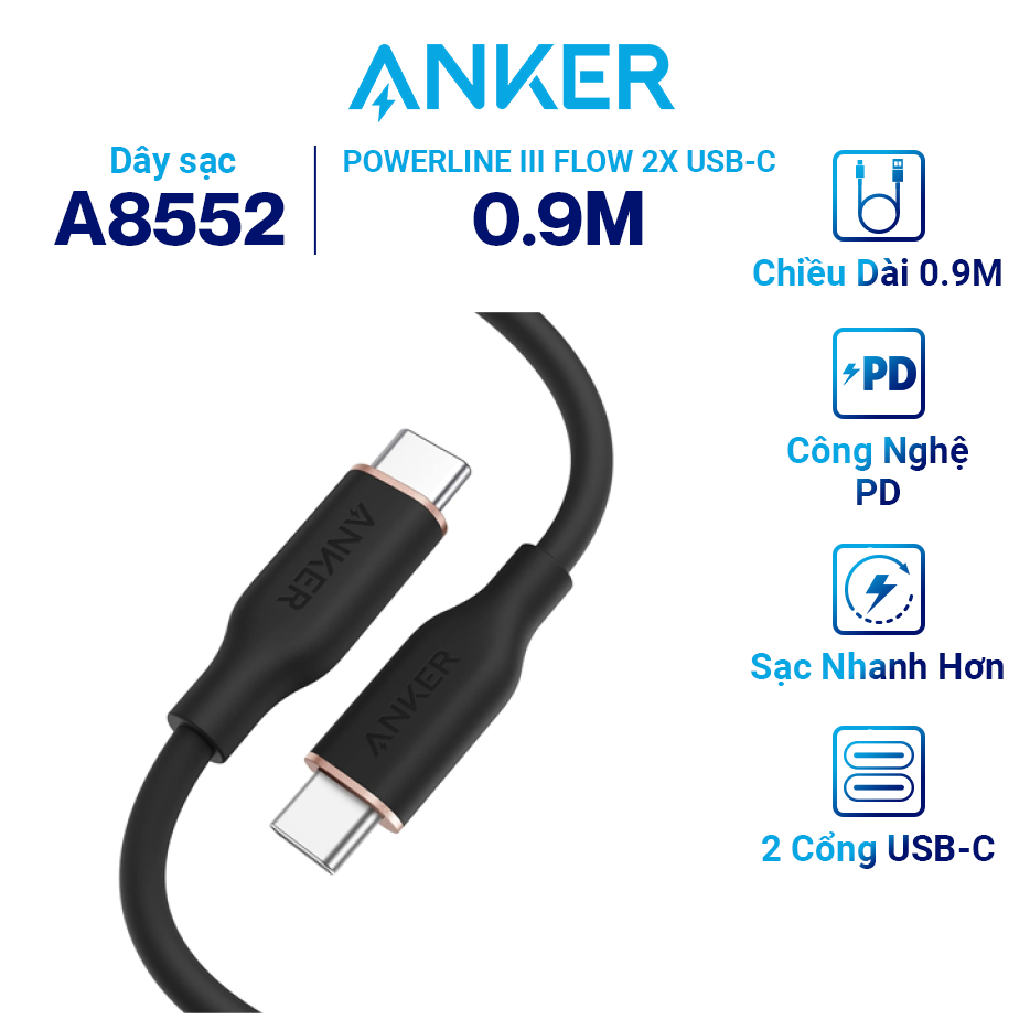 Cáp ANKER Powerline III Flow USB-C To USB-C - A8552 / A8553 - Hàng Chính Hãng