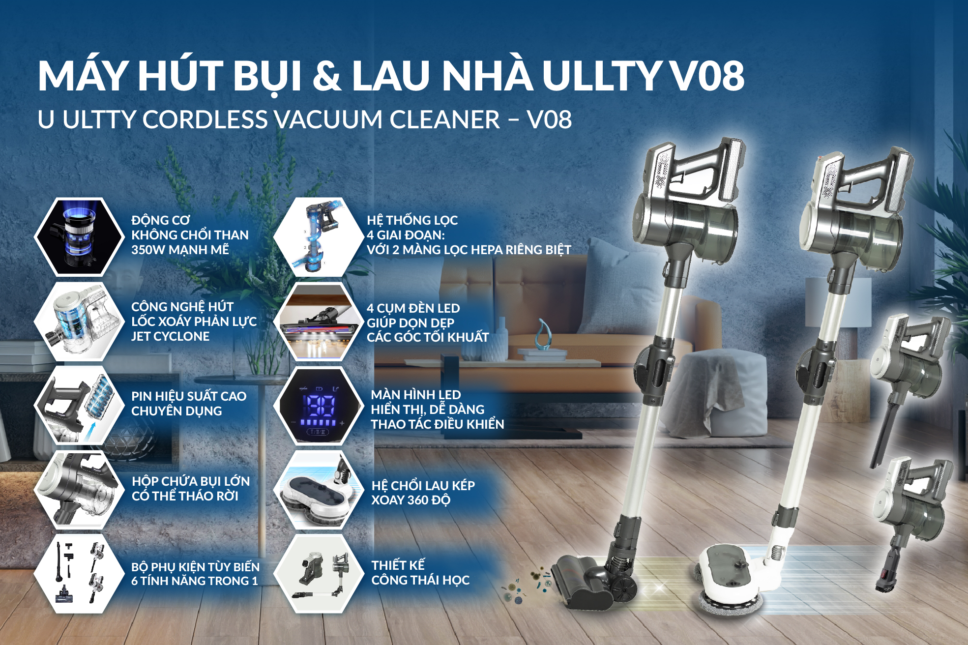 Máy hút bụi lau nhà cầm tay không dây thông minh Ultty V08 - Lực hút 24000 pascal - Hàng chính hãng