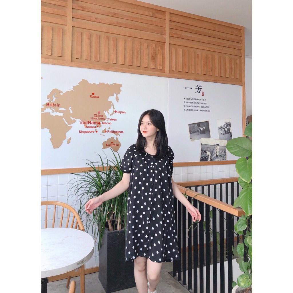 ĐẦM SUÔNG CHẤM BI CỔ VUÔNG CỘT NƠ SAU TAY LỠ PHỒNG DÁNG BABYDOLL-hình thật shop chụp