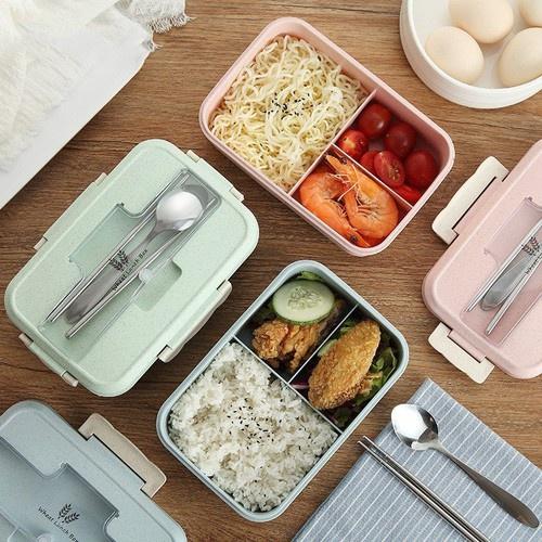 Hộp Đựng Cơm Lúa Mạch 3 Ngăn Kèm Đũa Thìa Inox Cao Cấp