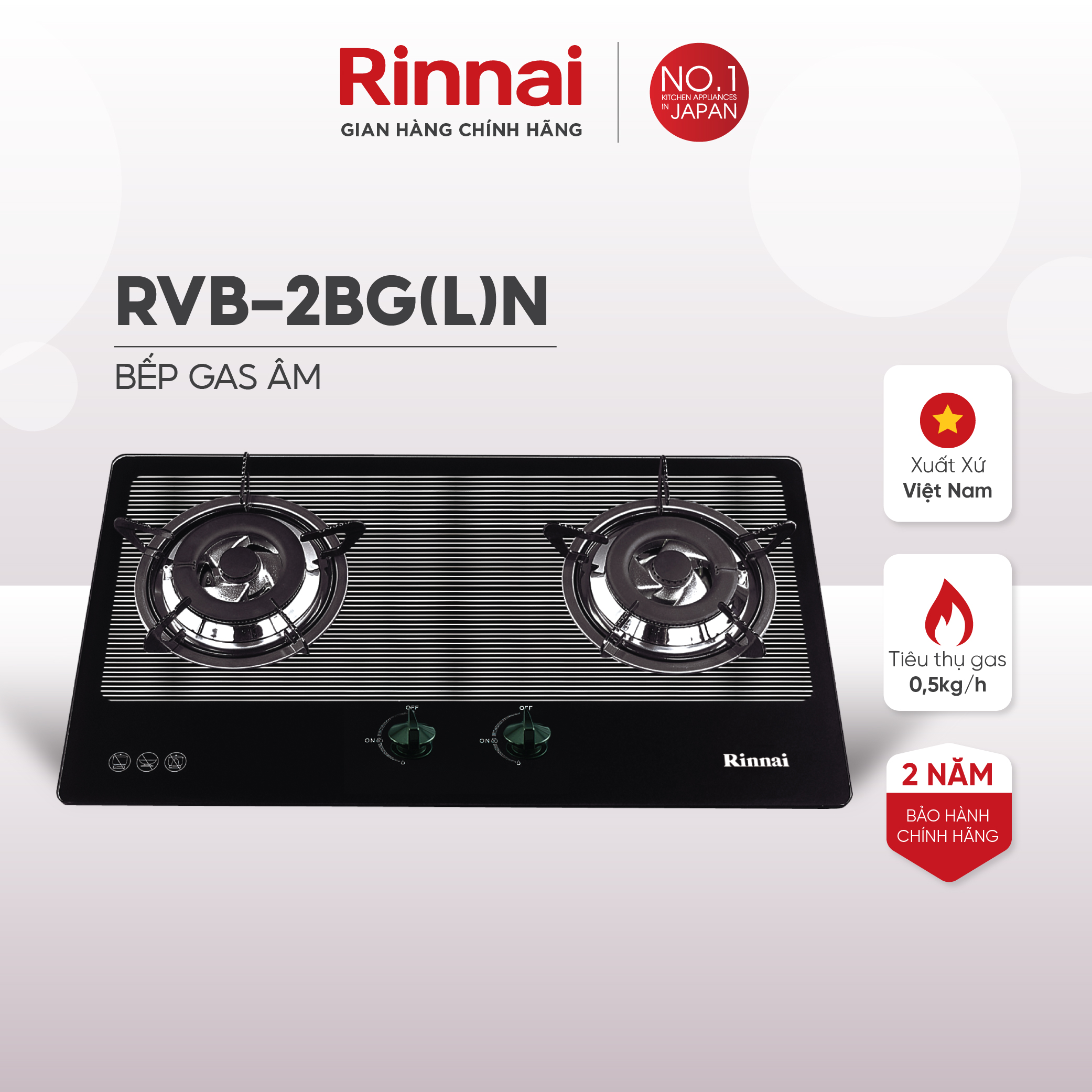 Bếp gas âm Rinnai RVB-2BG(L)N mặt bếp kính và kiềng bếp men - Hàng chính hãng.