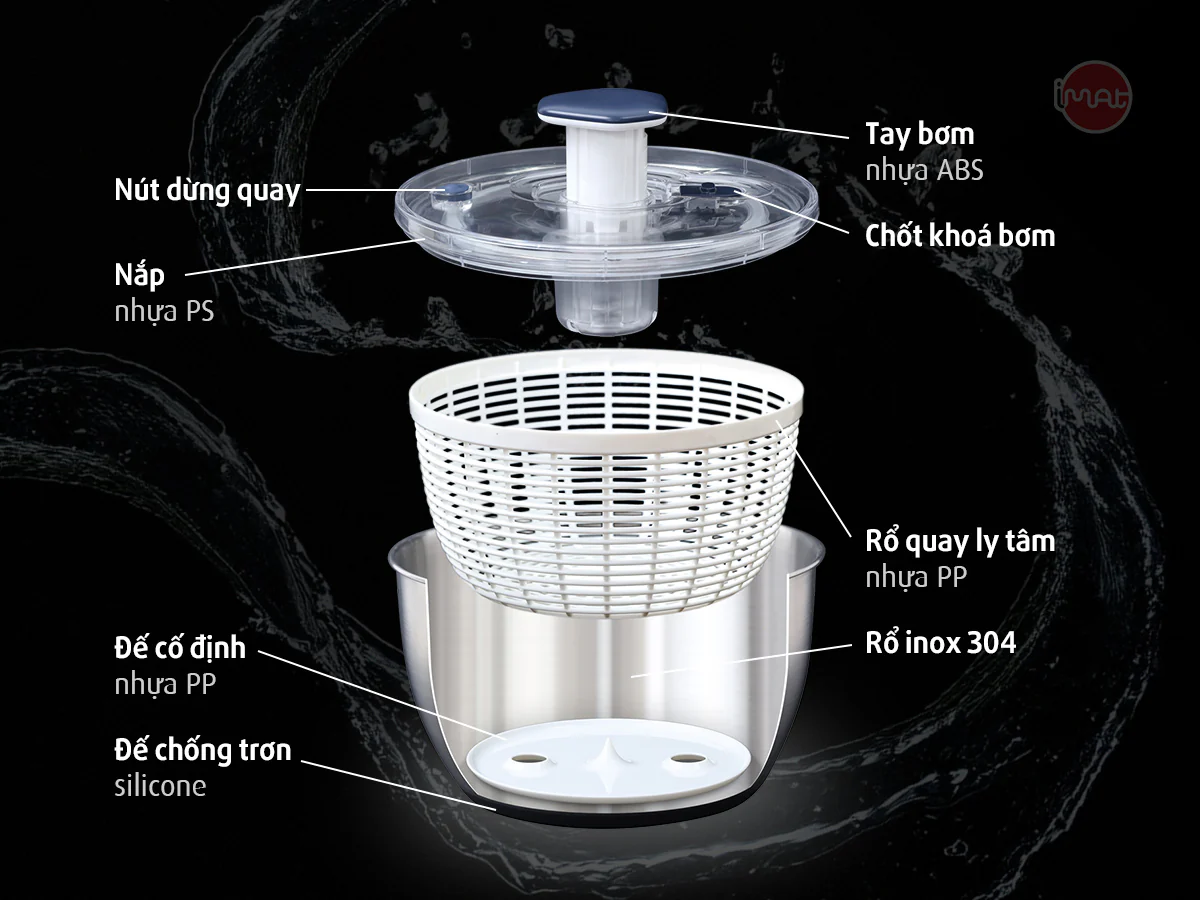 [Chính hãng iMAT] Rổ Quay Vắt Rau IMAT Tách Nước Nhanh, Dễ Dùng, Chất Liệu Inox 304, Nhựa PP Cao Cấp