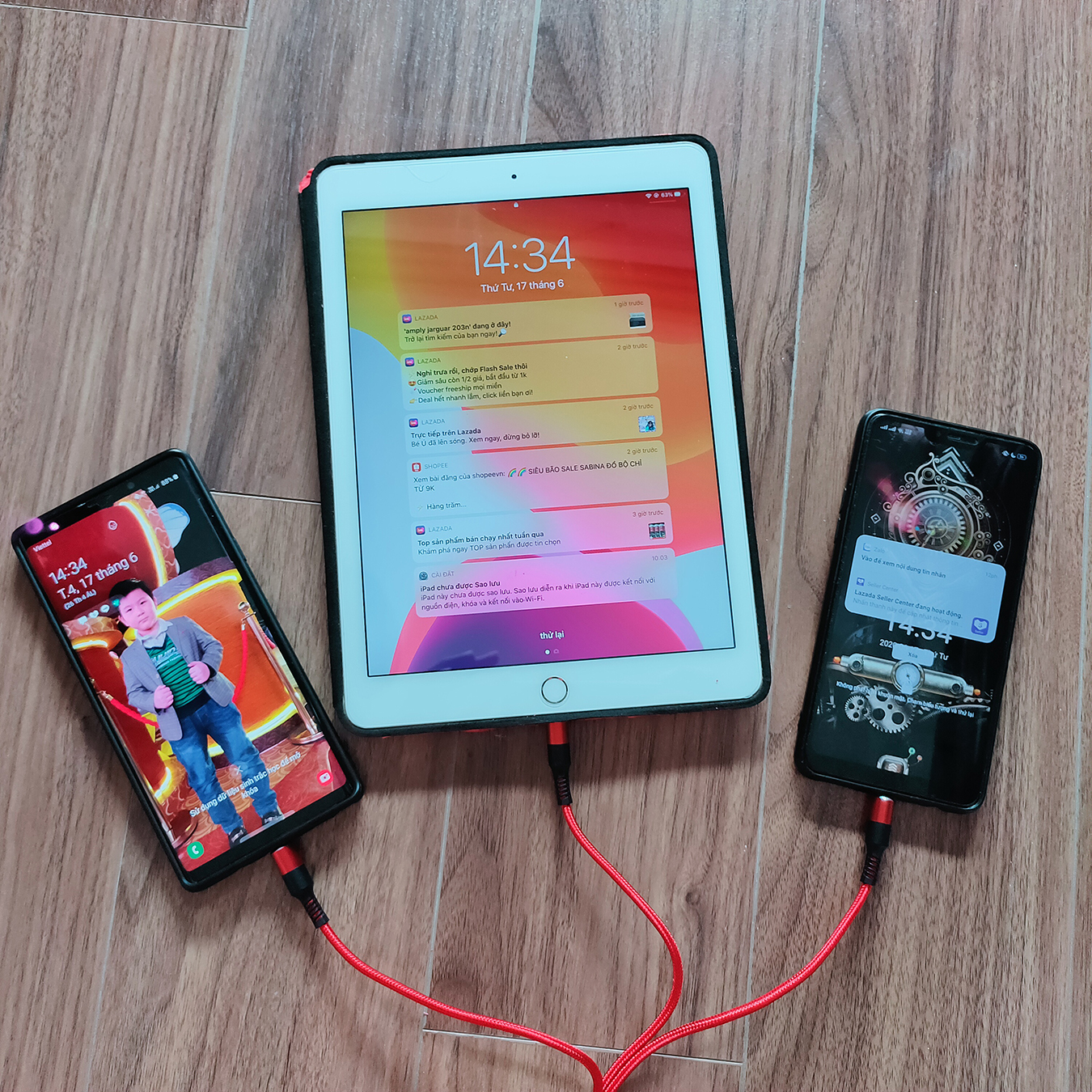 Cáp Sạc 3 in 1 Bọc Dù Chống Đứt - Cáp Sạc Đa Năng 3 Đầu Lighning iPhone, Micro USB, Type C Android (Màu Đỏ Đen)