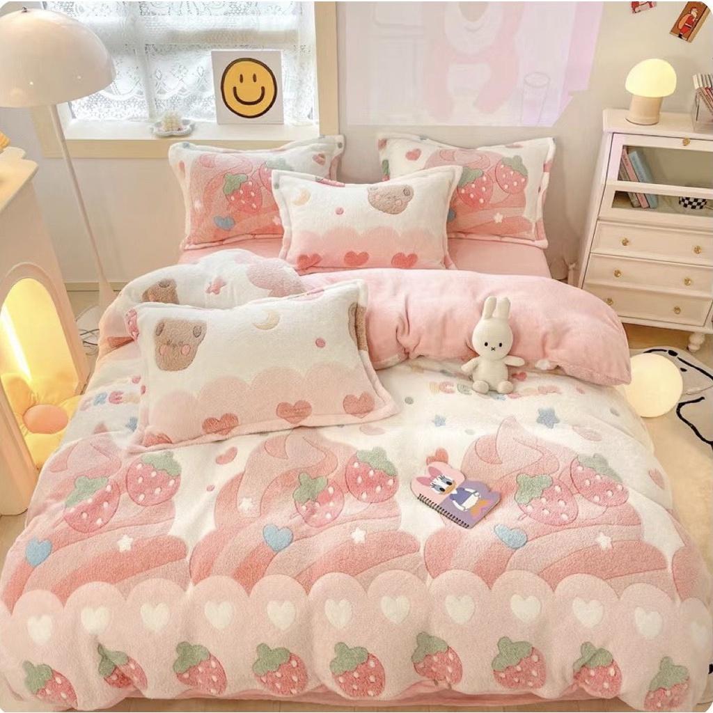 Bộ Chăn Ga Gối Nỉ Nhung Tuyết Sữa , Chăn Ga Gối Nỉ Nhung Mềm Mịn Cao Cấp, Ga Nỉ Nhung Bo Chun Mọi Kích Thước