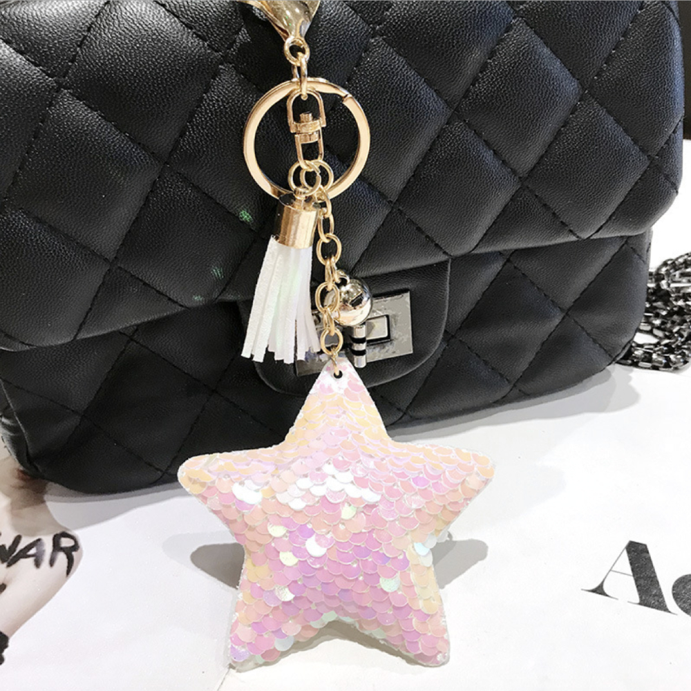 Móc khóa ngôi sao đính sequin lấp lánh tua rua - Hồng nhạt