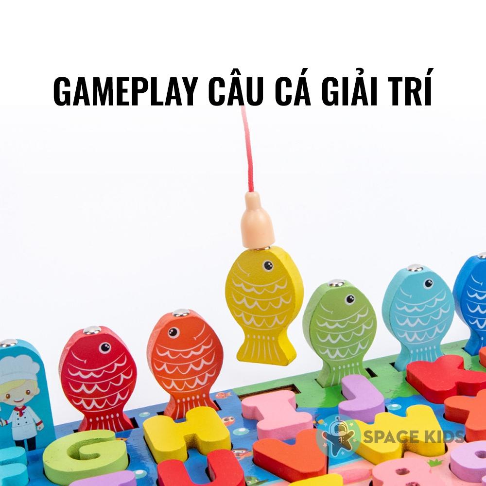 Đồ chơi gỗ cho bé Bảng gỗ câu cá 7 trong 1 chữ cái, số, cột tính, ghép hình nhiều chủ đề cho bé phát triển tư duy
