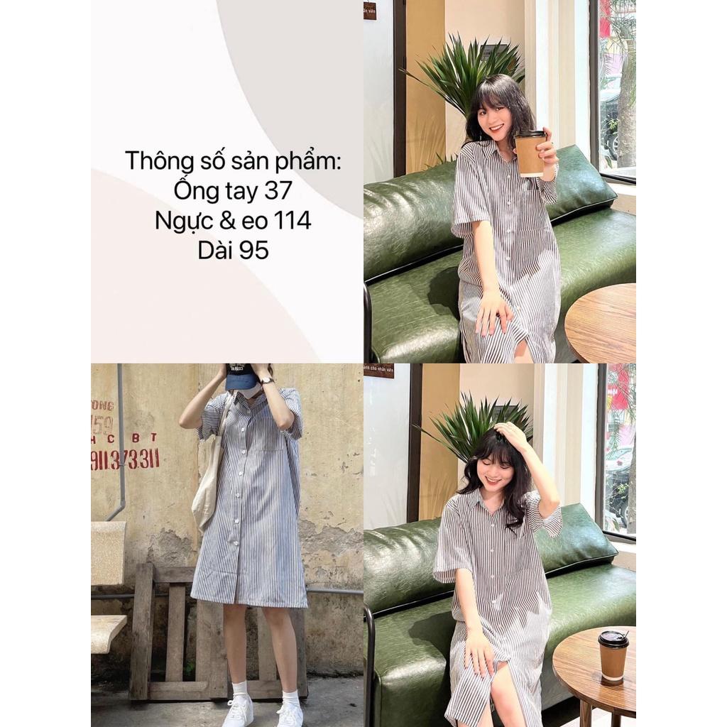 Đầm sơ mi sọc dáng suông tay lỡ, chất thô, váy sơmi ulzzang suông dài oversize hàng Quảng Châu, Quynhanhpuka