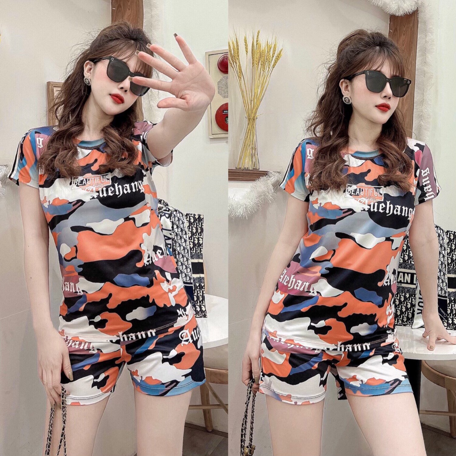 Bộ đồ thun cotton thể thao đùi rằn ri lính