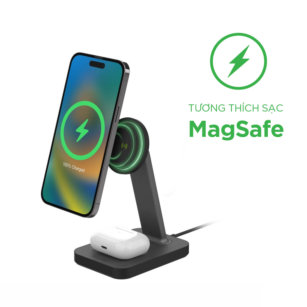 Đế sạc mophie Snap+ Stand &amp; Pad, sạc nhanh không dây 15w, sạc cùng lúc 2 thiết bị, hỗ trợ sạc đa nền tản - Hàng chính hãng bảo hành 2 năm 1 đổi 1