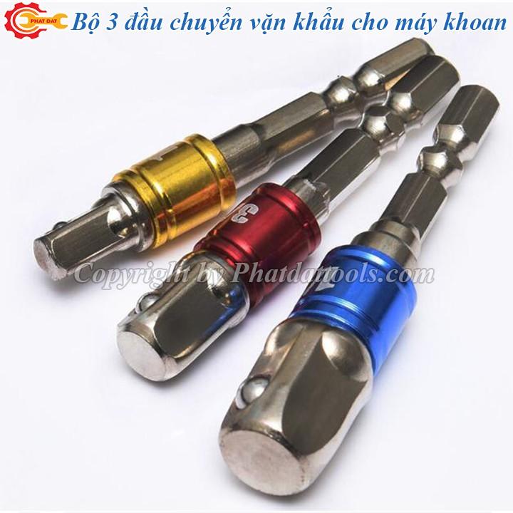 Bộ 3 đầu chuyển vặn khẩu 1/2-3/8-1/4 cho máy khoan-Thép phủ CR-V siêu bền