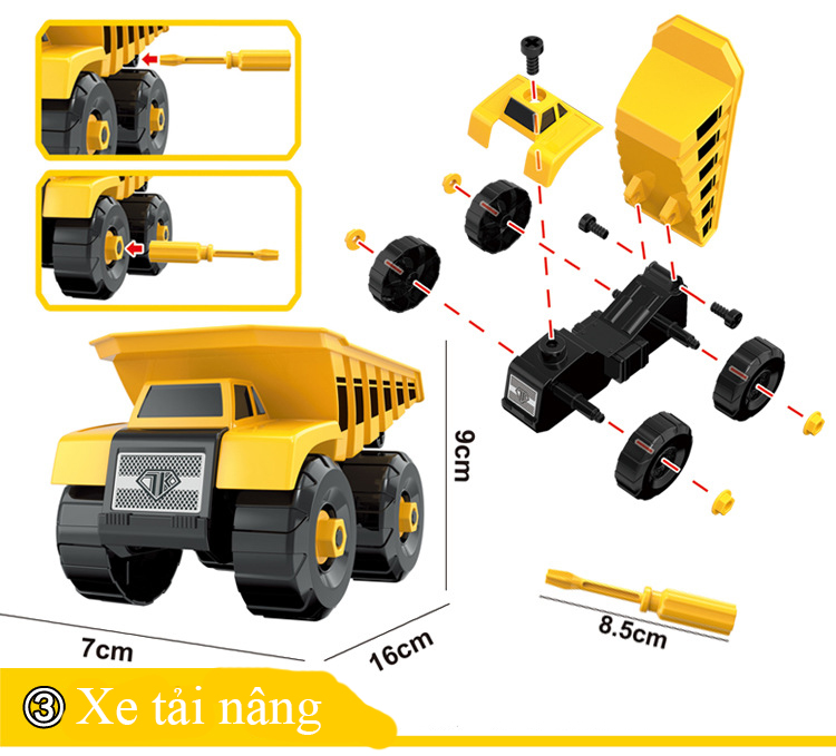 Bộ đồ chơi lắp ráp xe công trình KAVY  gồm 6 xe kèm hộp đựng, tua vít, nhựa nguyên sinh kích thích tính thực hành của bé