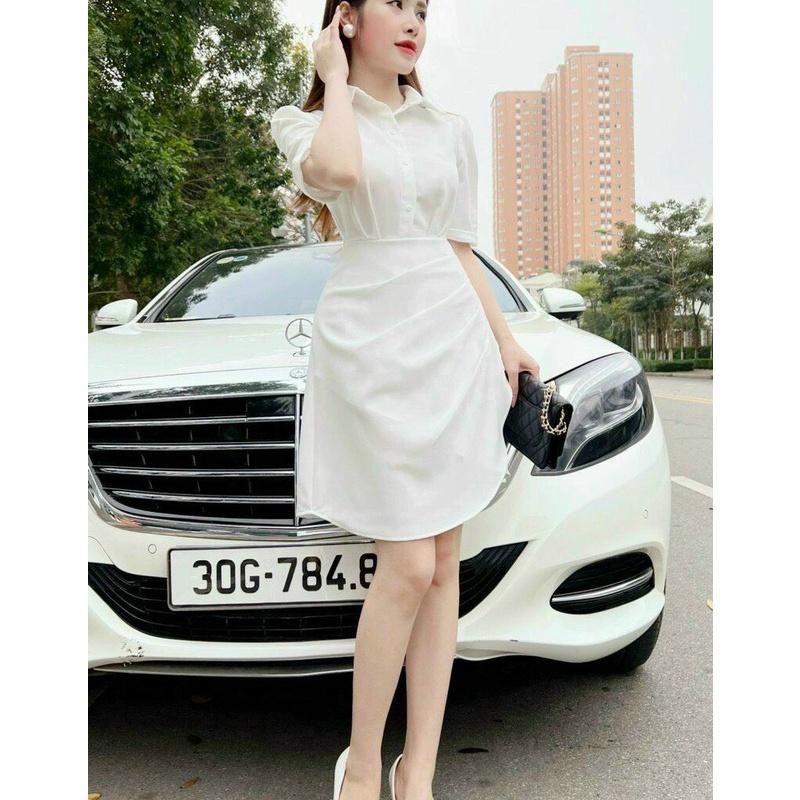 ĐẦM XÒE TRẮNG CỔ SƠ MI XẾP LY HÔNG