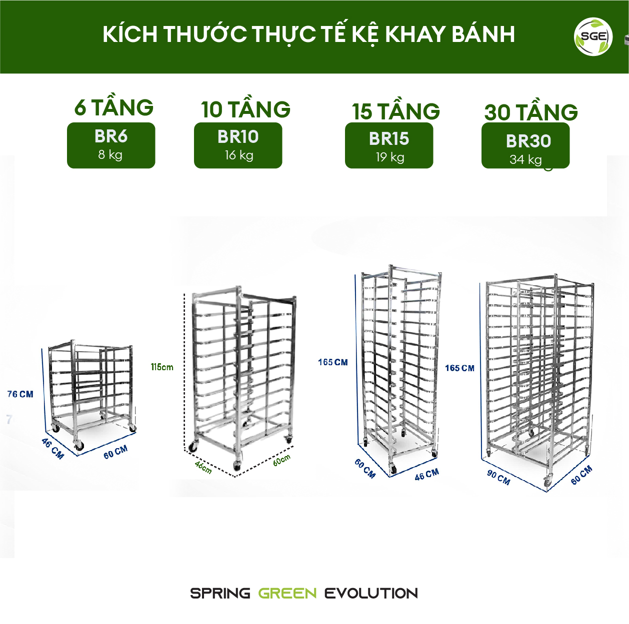 Kệ Inox Khay Bánh, Xe Hong Bánh SGE Chất Liệu Inox Dày Dặn, Có Khoá Bánh. Có 4 Size 6,10,15,30 Tầng