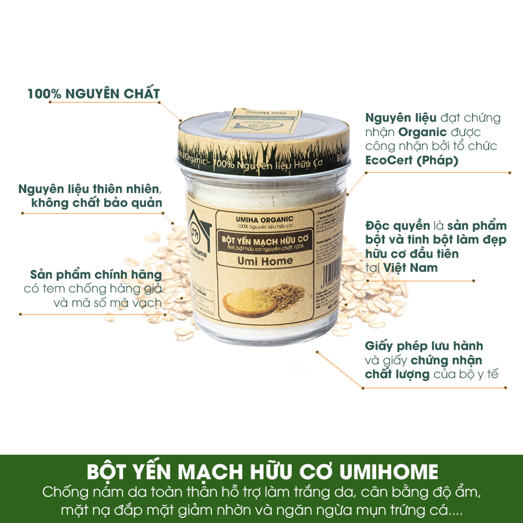 Bột Yến Mạch Nguyên Chất UMIHOME (135g) - Dùng cho đắp mặt, tẩy da chết, loại bỏ mụn nám tàng nhang hiệu quả