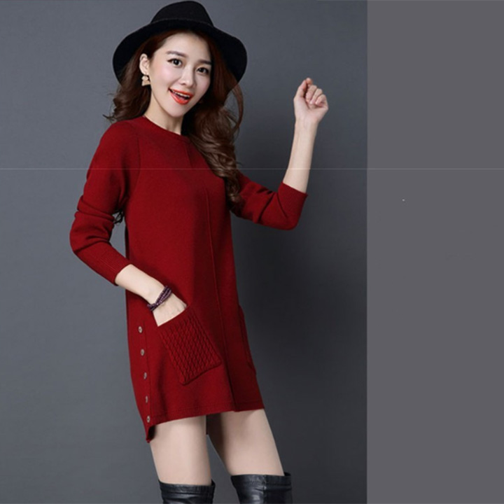 Đầm suông len dáng lửng 2 túi trước phối khuy sườn trẻ trung ArcticHunter, thời trang thương hiệu chính hãng