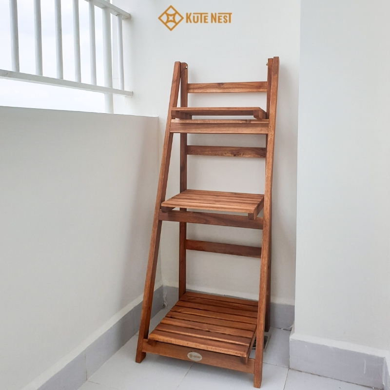 [Kute Nest] Kệ chữ A 3 tầng trang trí chậu hoa bằng gỗ tràm – Có thể gấp gọn – KT dài 42 x rộng (39 – 29 – 19) x cao 106 cm