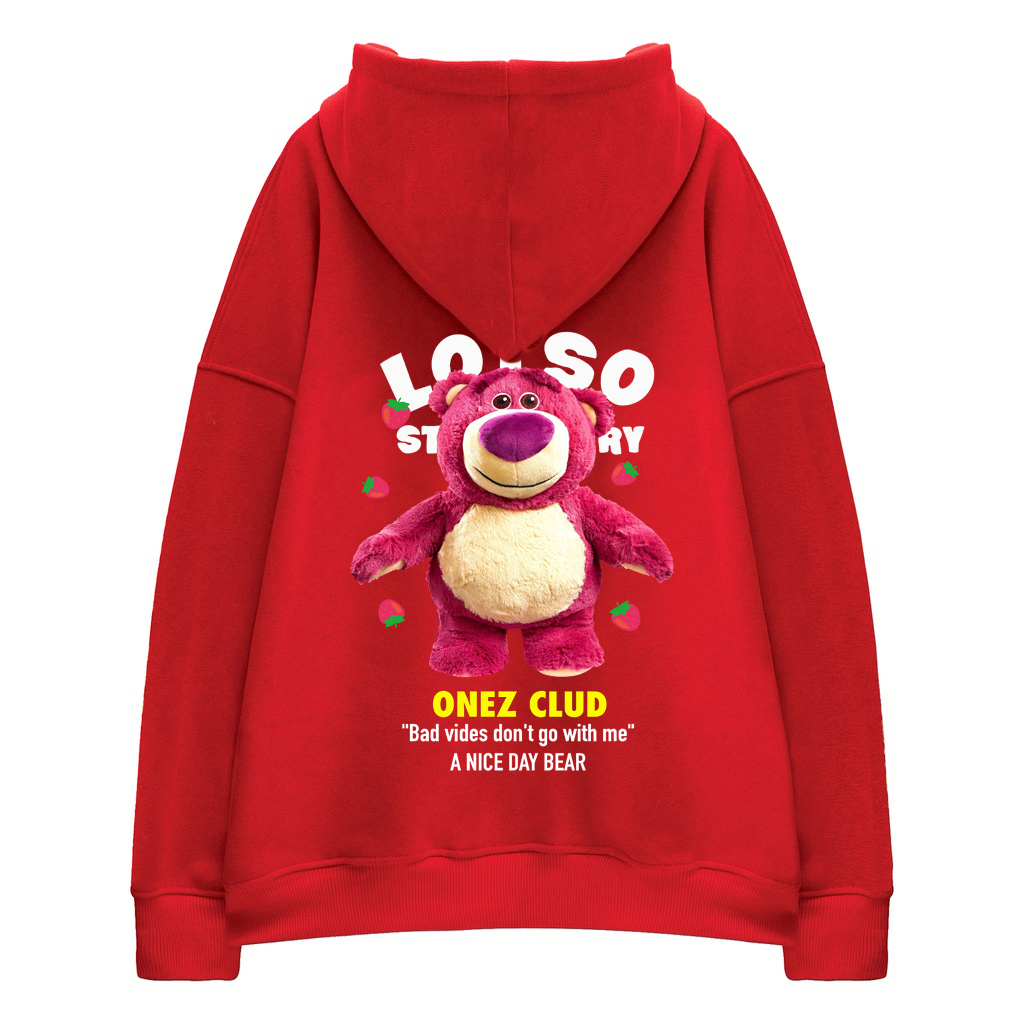 Áo hoodie gấu dâu Lotso local brand form rộng OneZ màu hồng nỉ bông hàn quốc đẹp ,mềm mịn có mũ 2 lớp dày