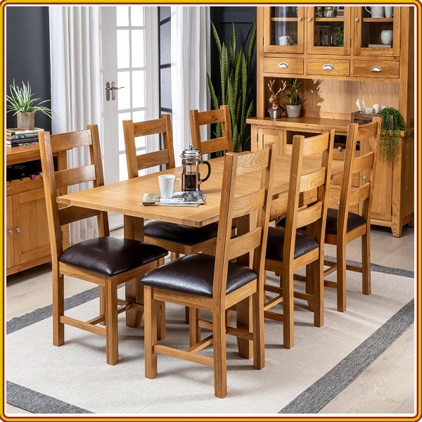 Bộ bàn ghế phòng ăn gỗ sồi Tundo mặt kéo giãn màu vàng tự nhiên 1m8 + 8 ghế mặt nệm 3 nan