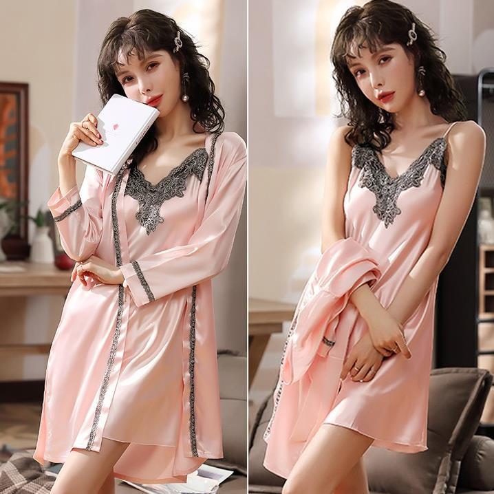 Set váy ngủ cao cấp hai dây ren ngực kèm áo choàng ngủ kiểu kimono sang trọng