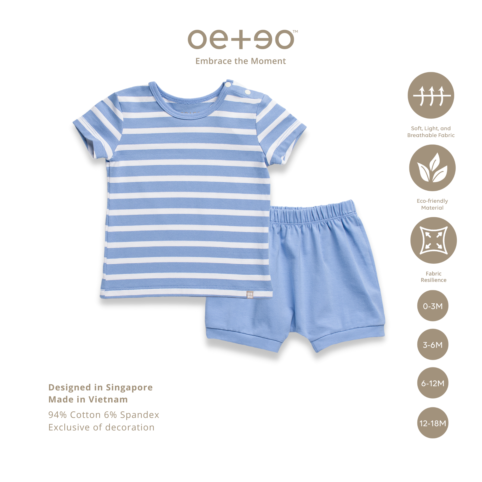 Bộ cộc tay quần đùi bé trai 0 - 5 tuổi vải cotton hữu cơ in họa tiết sọc xanh TSTSBA1-1691/1695 - OETEO Bosom Buddy