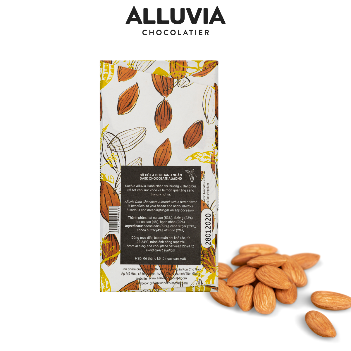 Hình ảnh Socola Đen Hạnh Nhân Thanh Lớn 80 gram, Nguyên Chất, Đắng Vừa | Dark Chocolate Almond Alluvia