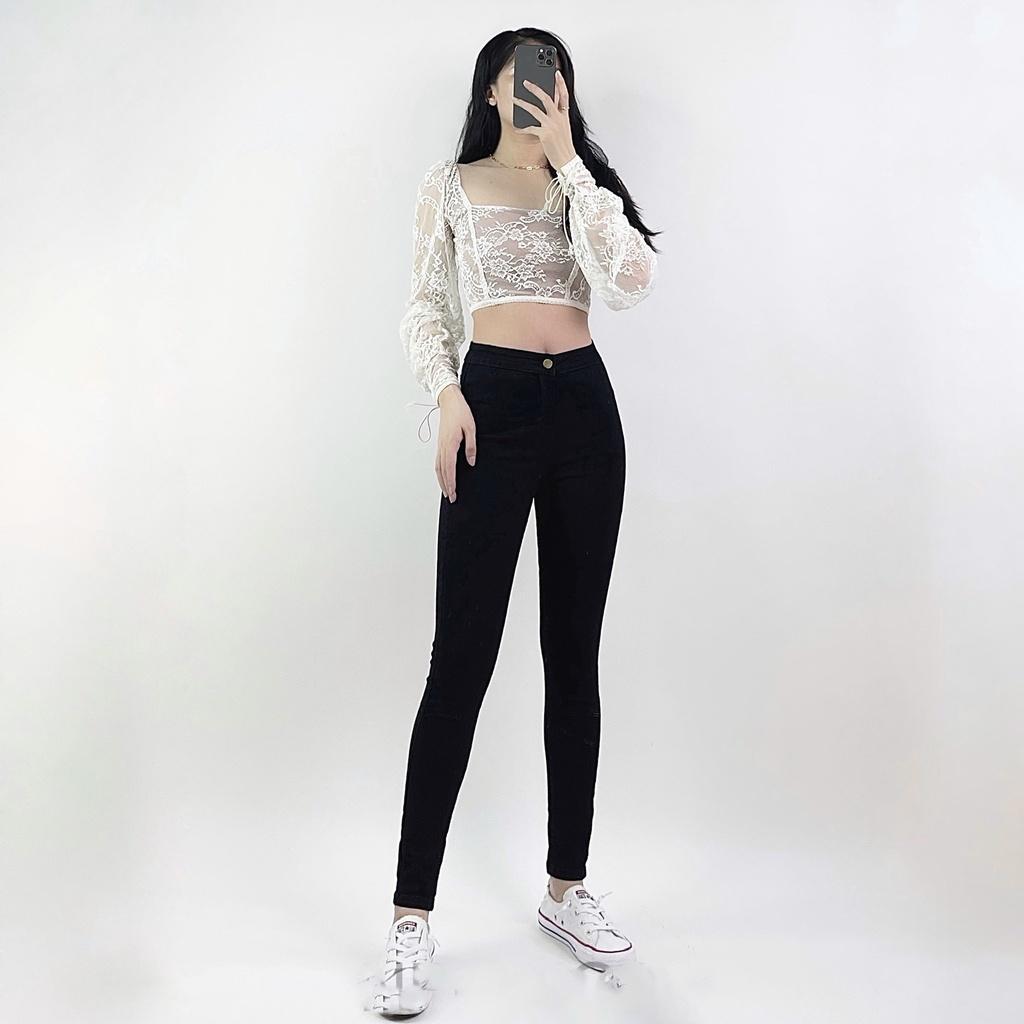 Quần jean nữ lưng cao co giãn dáng ôm không túi CHERRY, quần bò nữ cạp cao ôm bigsize trơn chất đẹp dài basic T021