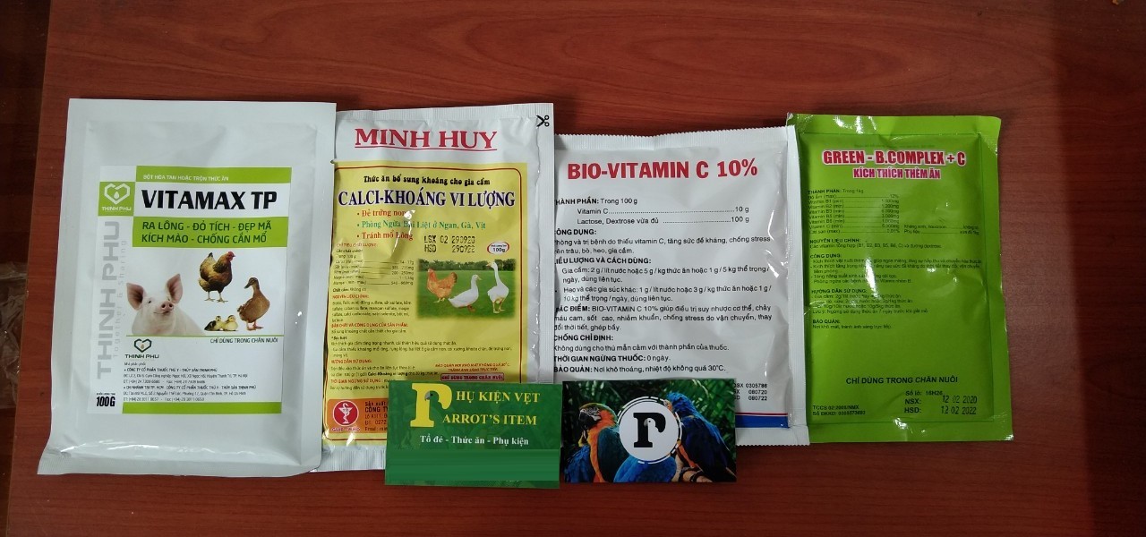 COMBO 4 VITAMIN RẤT CẦN THIẾT CHO YẾN PHỤNG VÀ CÁC DÒNG VẸT (ADB3E 100g + bCOMPLEX C + KHOÁNG MINHHUY+ VITAMIN C)