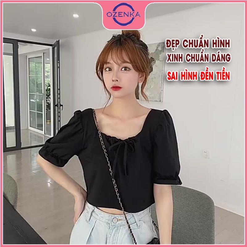 Áo croptop kiểu Hàn Quốc rộng tay lỡ nữ, áo thun ngắn cổ vuông form rộng điệu đà đen trắng mặc đi học đi chơi