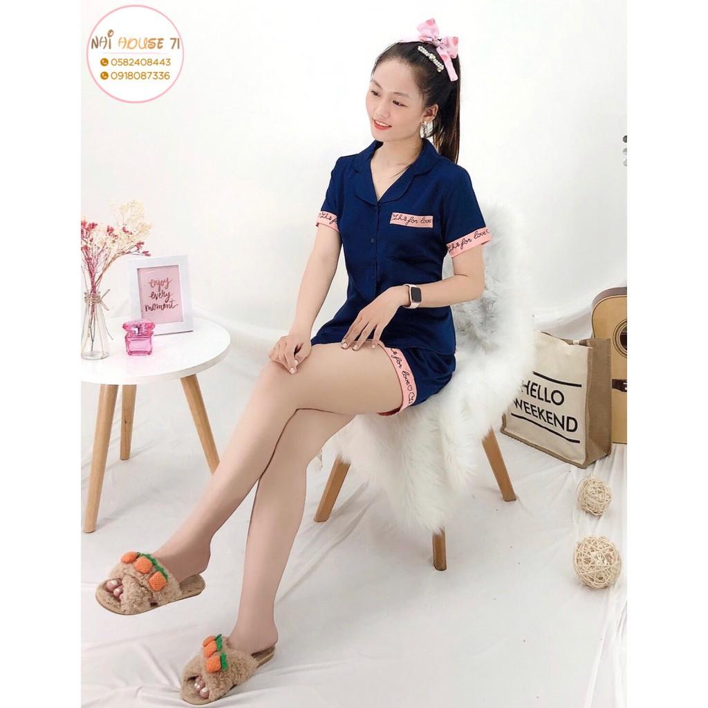 Bộ Mặc Nhà Nữ NHIHOUSE71 Pizama Lụa Quần Ngắn Tay Ngắn Phối Nẹp In Chữ