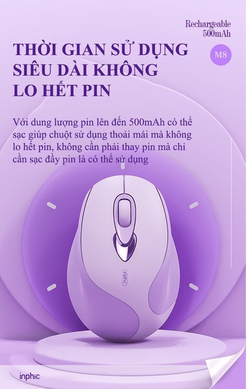 Chuột không dây INPHIC M8BT kết nối bằng Bluetooth thiết kế nhỏ gọn với màu tím Lavender cực đẹp dành cho các bạn nữ - HN - HÀNG CHÍNH HÃNG