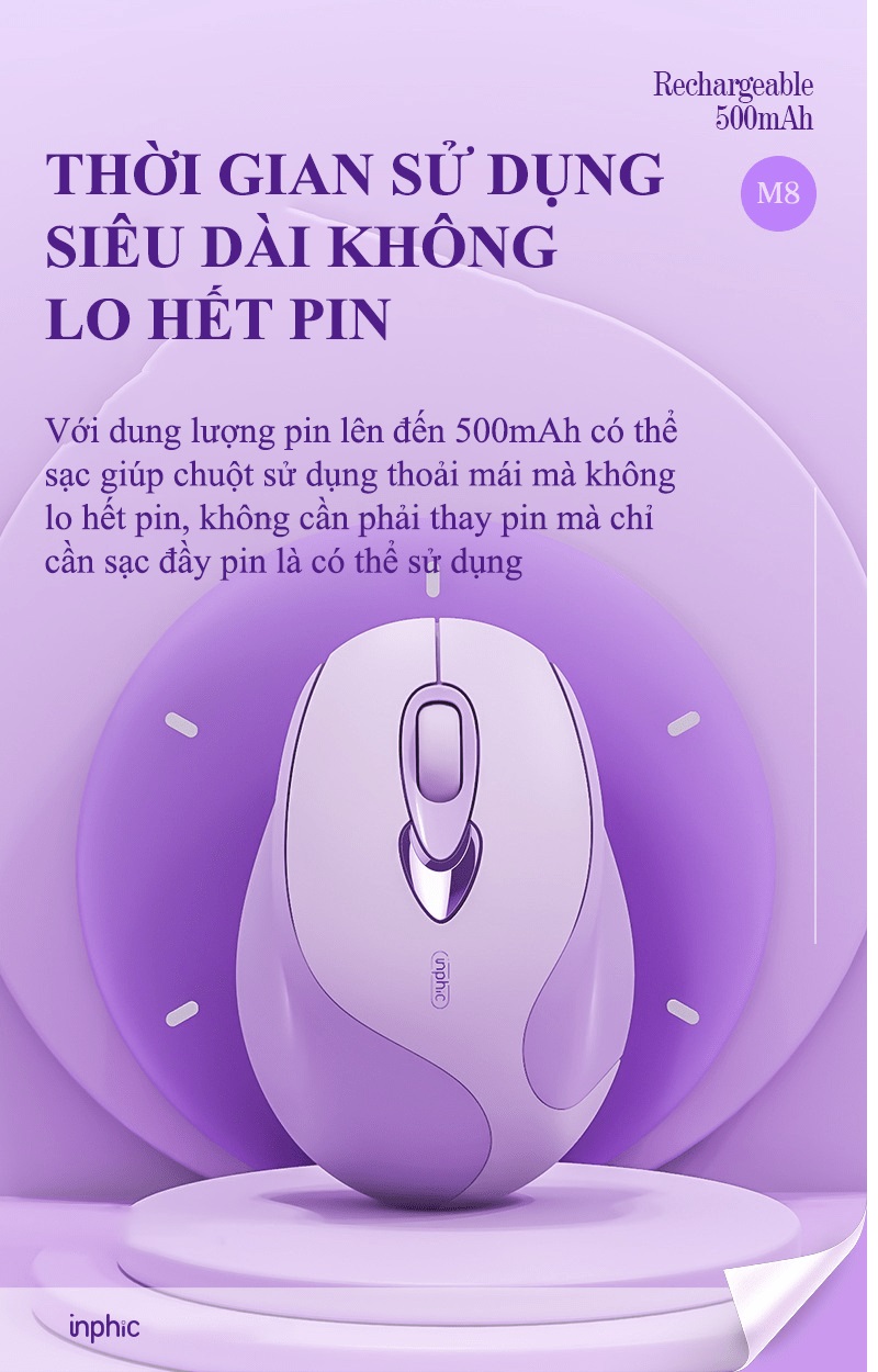 Chuột không dây INPHIC M8BT kết nối bằng Bluetooth thiết kế nhỏ gọn với màu tím Lavender cực đẹp dành cho các bạn nữ - HT