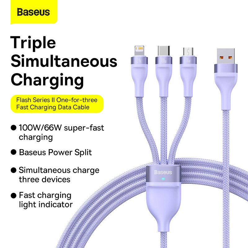 Hình ảnh Cáp 3 đầu 100W Baseus Flash Series II One For Three Fasst Charging Data Cable USB To M+L+C- hàng chính hãng