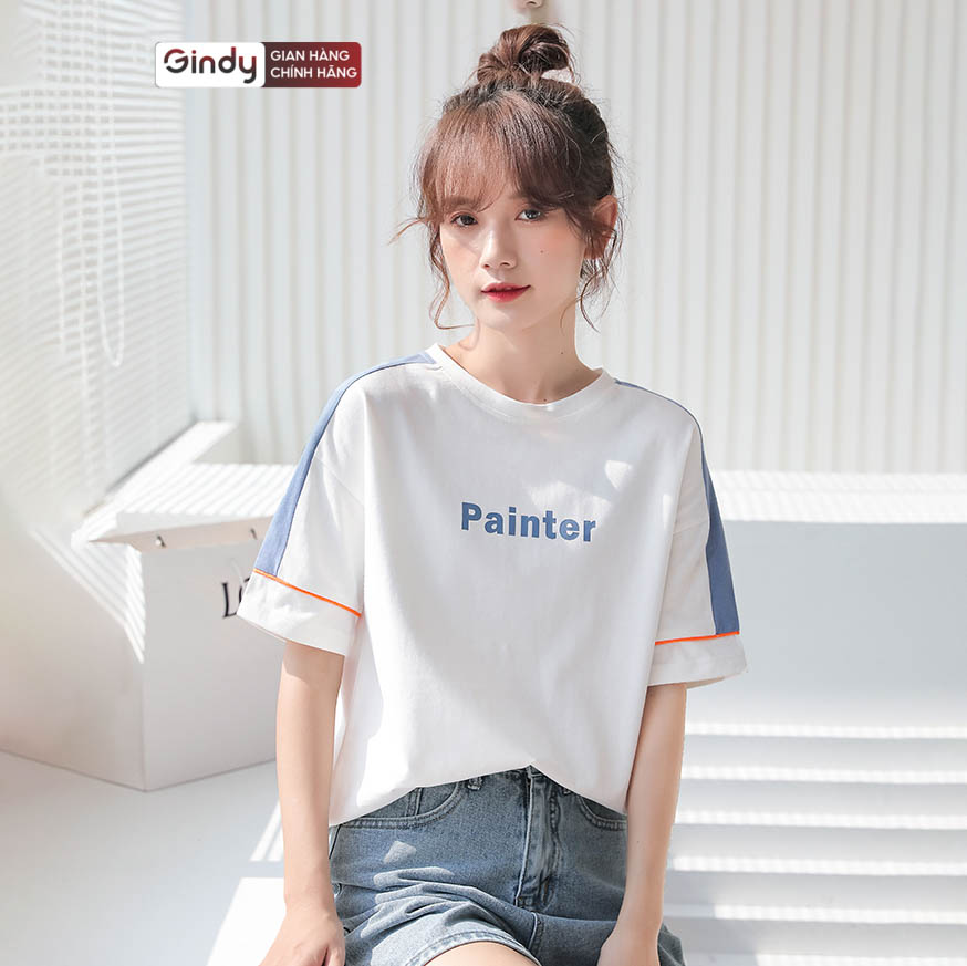 Áo thun nữ tay lỡ form rộng PAINTER phông chất cotton mát, co giãn unisex local brand GINDY A6171