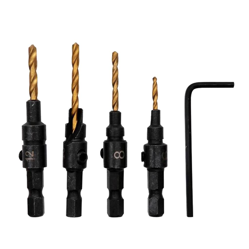 4x HSS Titanium Coated Countersink Drill Bit Set Quick Change Hex Shank Screw #6#8#10#12
